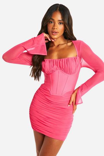 Premium Power Mesh Flare Sleeve Dress hot pink