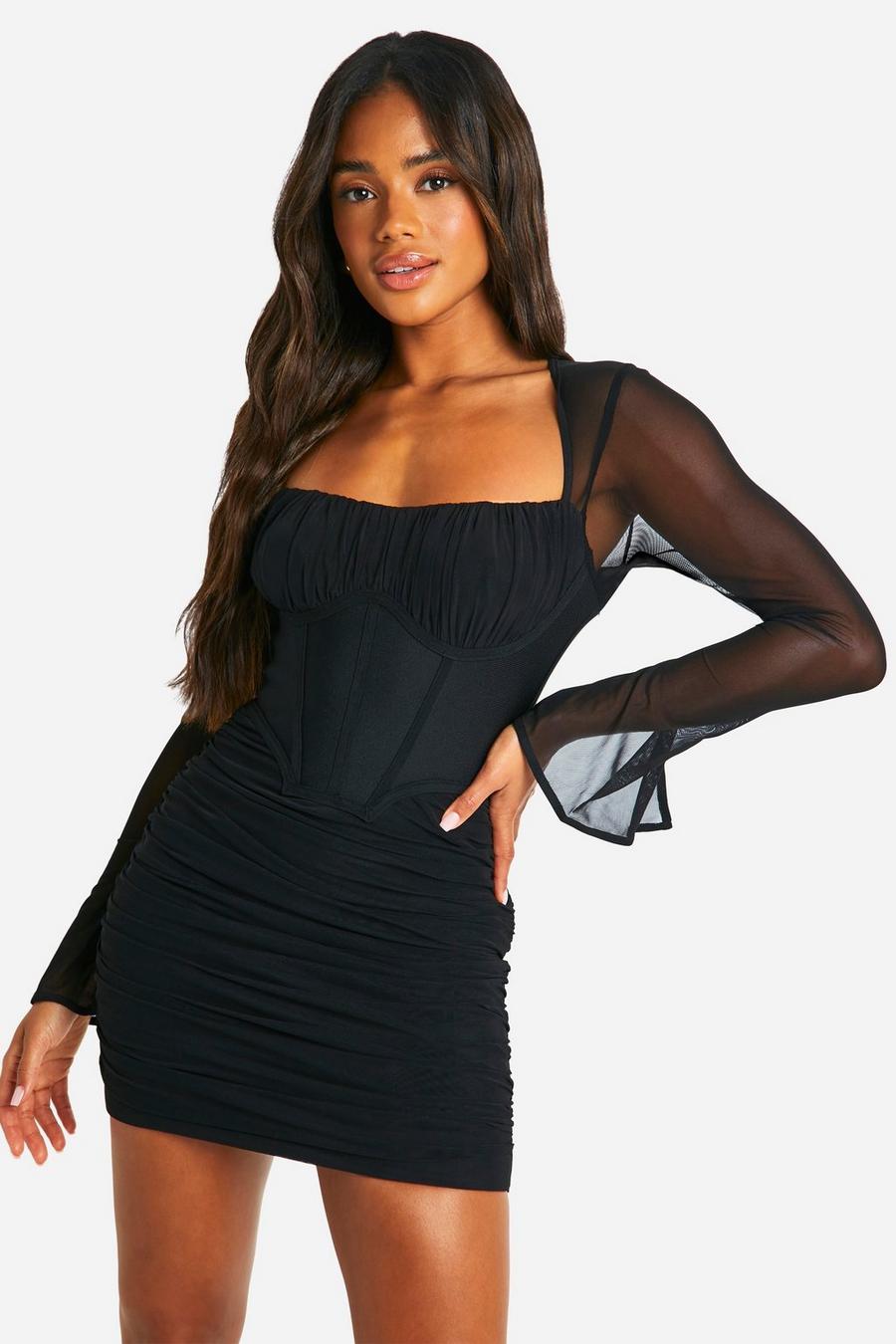 Black Premium Power Mesh Flare Sleeve Dress image number 1