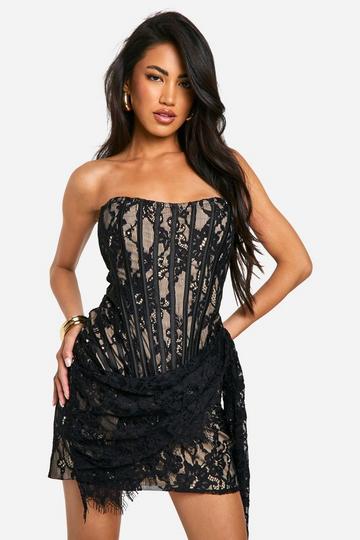 Black Lace Corset Drape Mini Dress