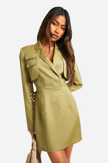 Utility Tie Waist Blazer Dress khaki