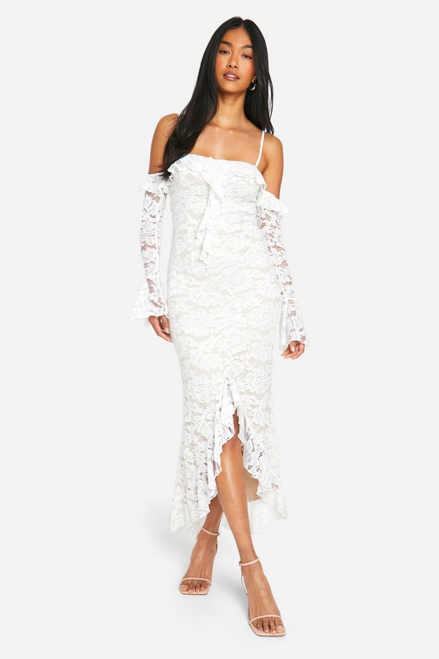 Ivory Lace Ruffle Bardot Flare Sleeve Midaxi Dress