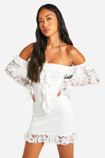 Ivory White Lace Bardot Flare Sleeve Mini Dress