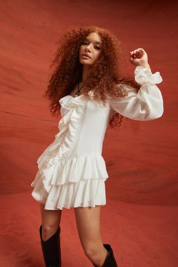 Chiffon Ruffle Cold Shoulder Smock Dress white