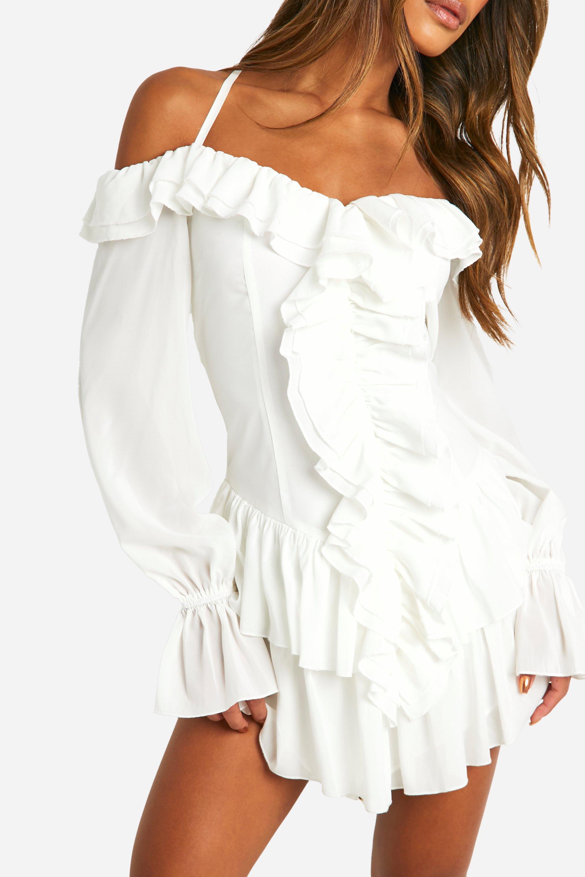 Boohoo Women s Chiffon Ruffle Cold Shoulder Smock Dress White
