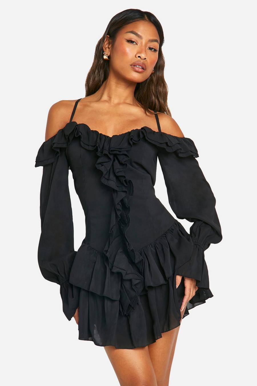 Black Chiffon Ruffle Cold Shoulder Smock Dress image number 1