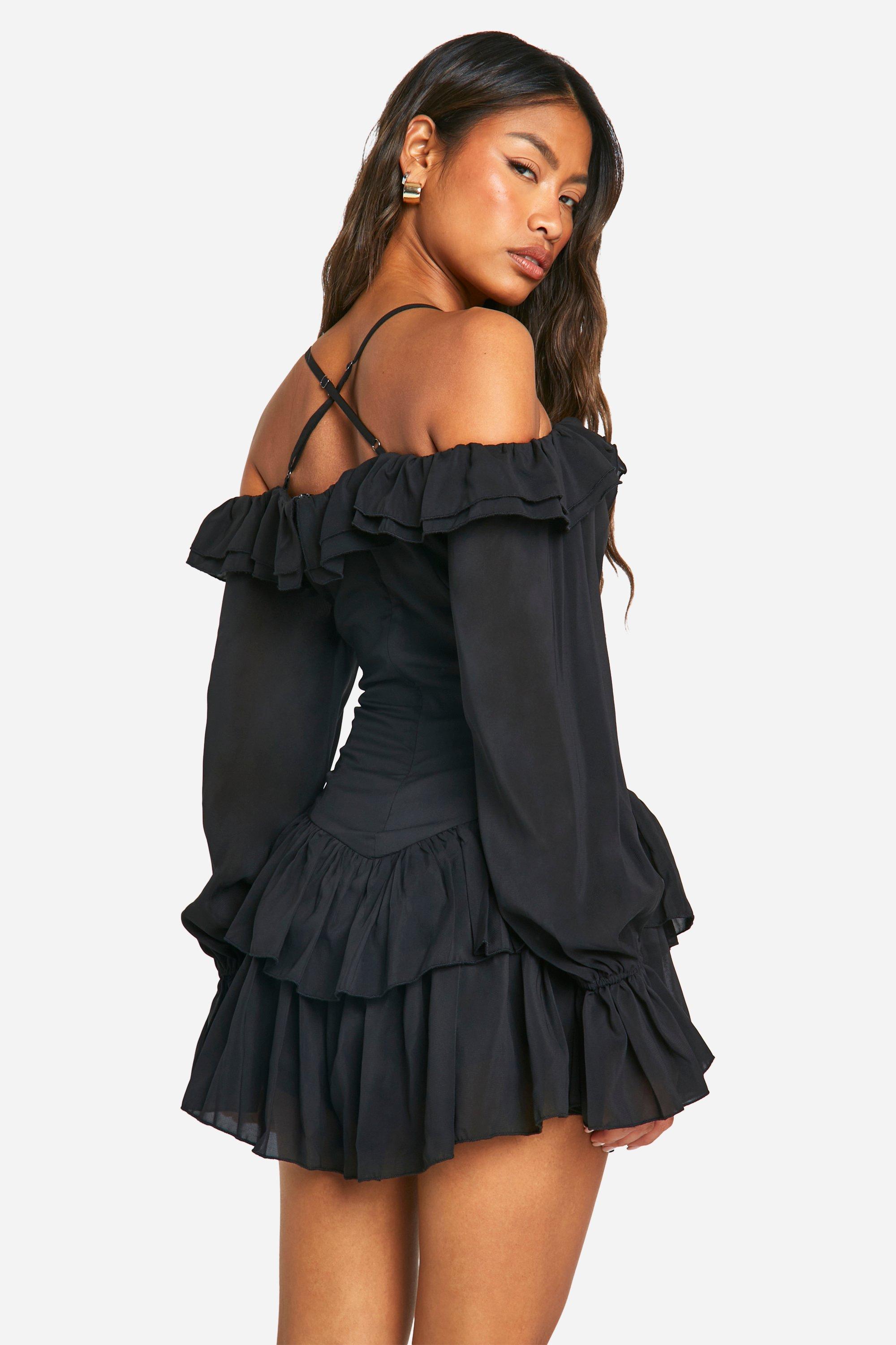 Chiffon Ruffle Cold Shoulder Smock Dress boohoo