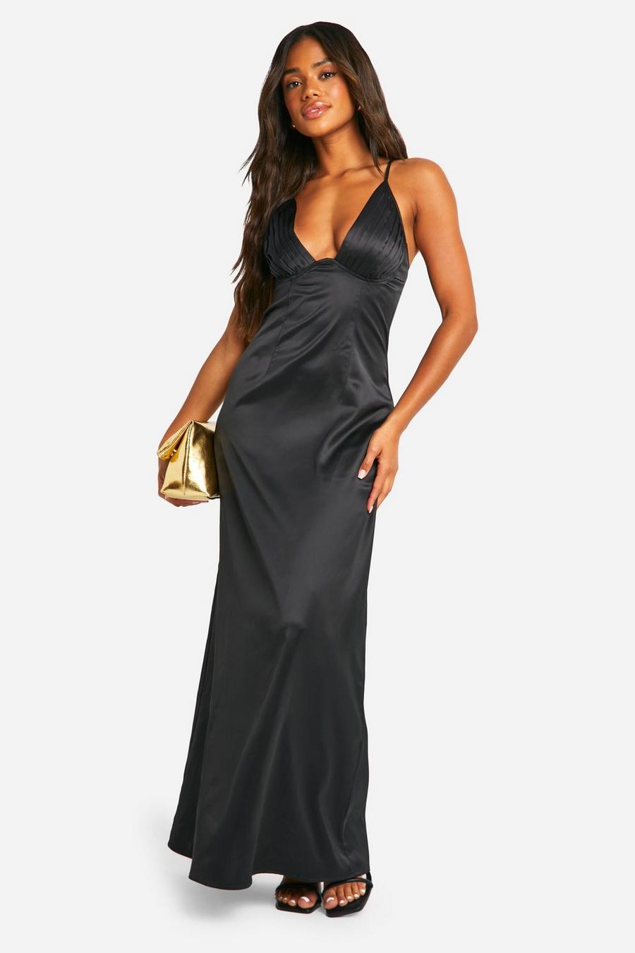 Black Satin Ruched Cup Maxi Dress