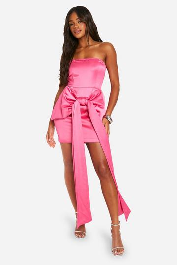 Pink Premium Structured Bow Draped Satin Bandeau Mini Dress