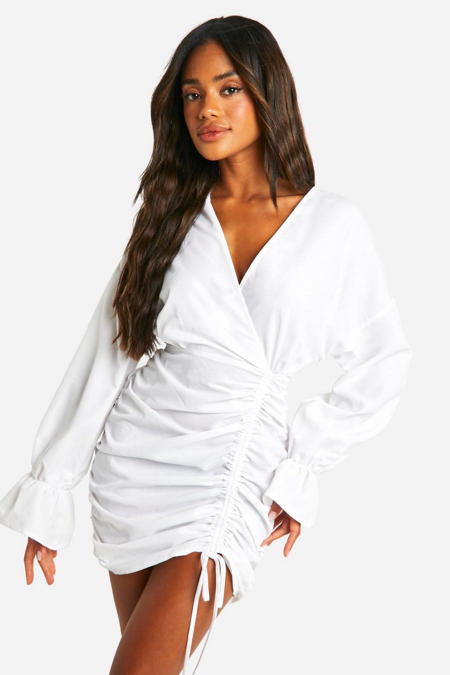 White Cotton Ruched Wrap Shirt Dress