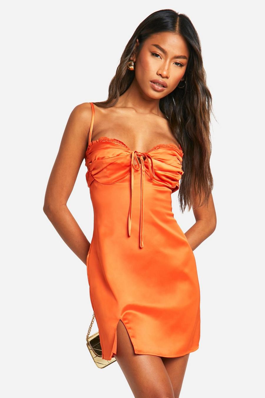 Orange Satin Lace Trim Mini Dress image number 1