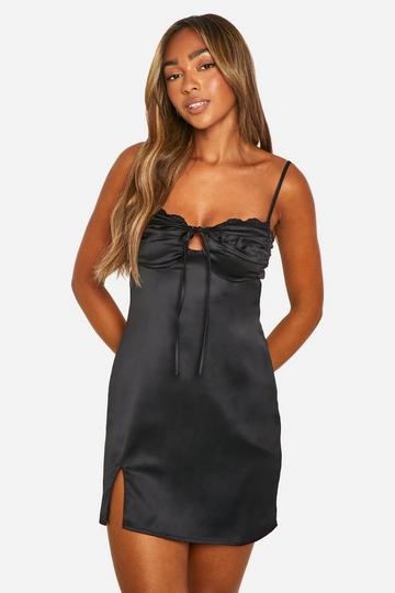 Satin Lace Trim Mini Dress black