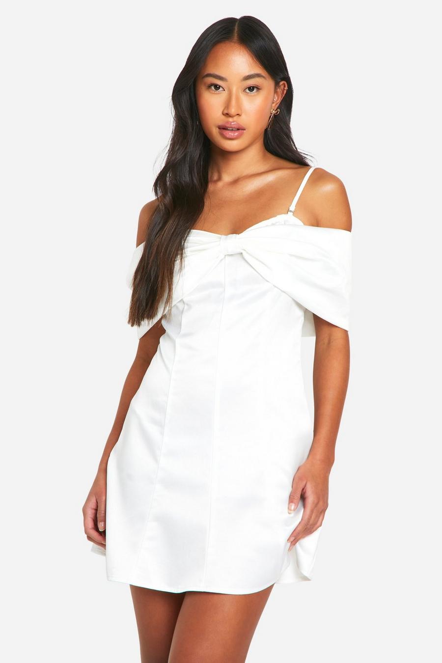 White Off The Shoulder Bow Satin Mini Dress