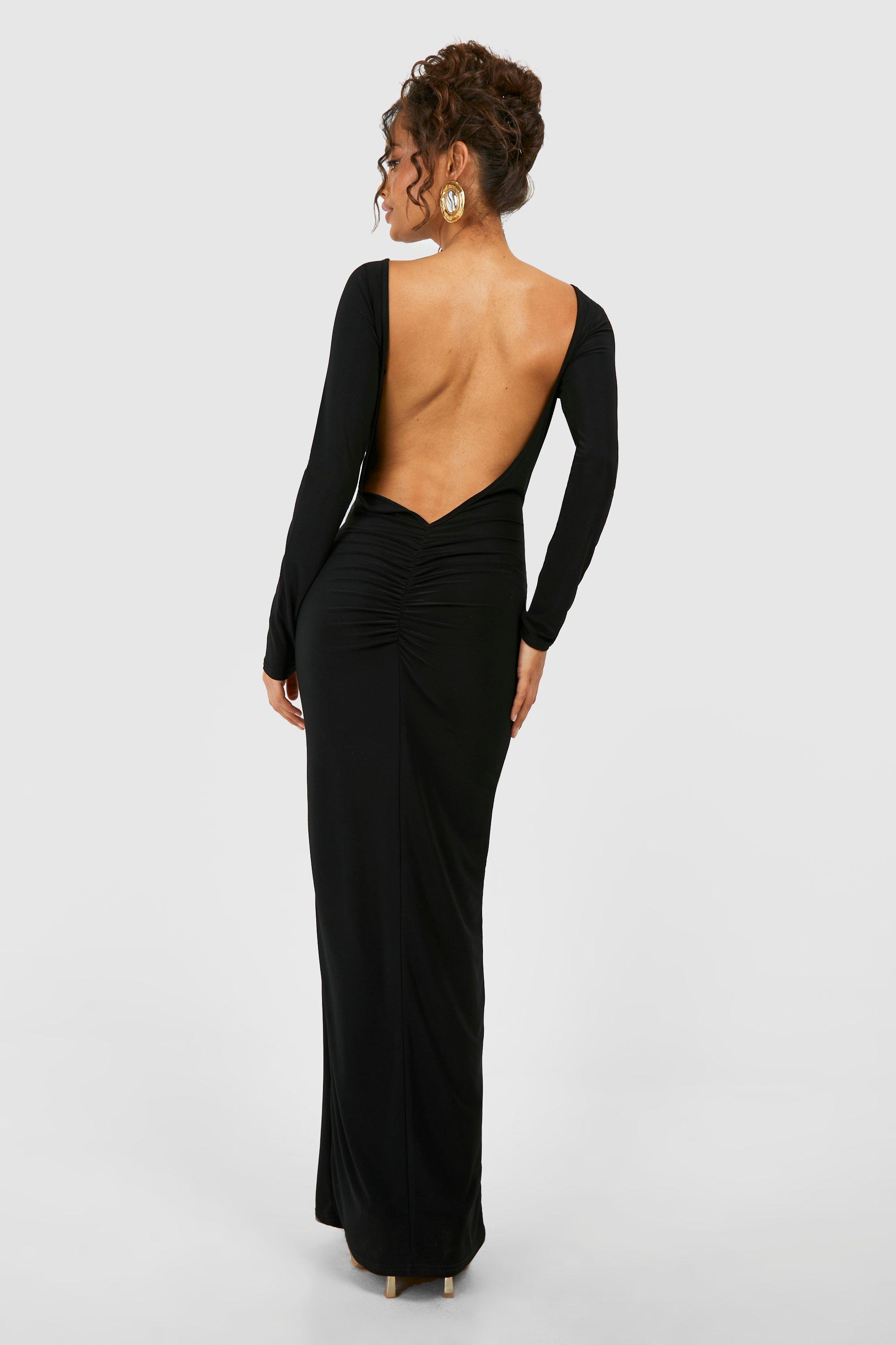 Ruched Bum Low Back Slinky Long Sleeve Maxi Dress