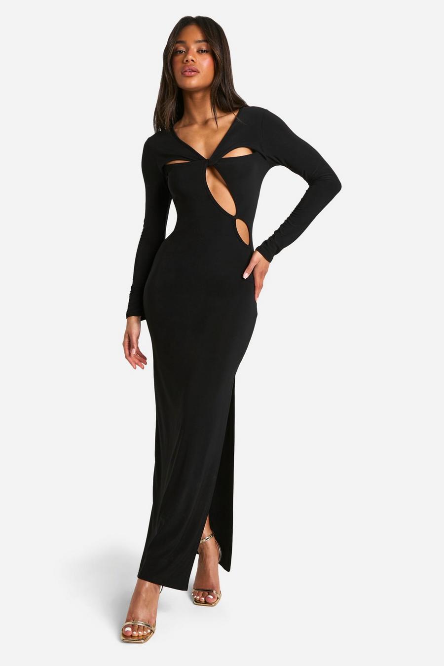 Black Cut Out Twist Detail Slinky Long Sleeve Maxi Dress image number 1