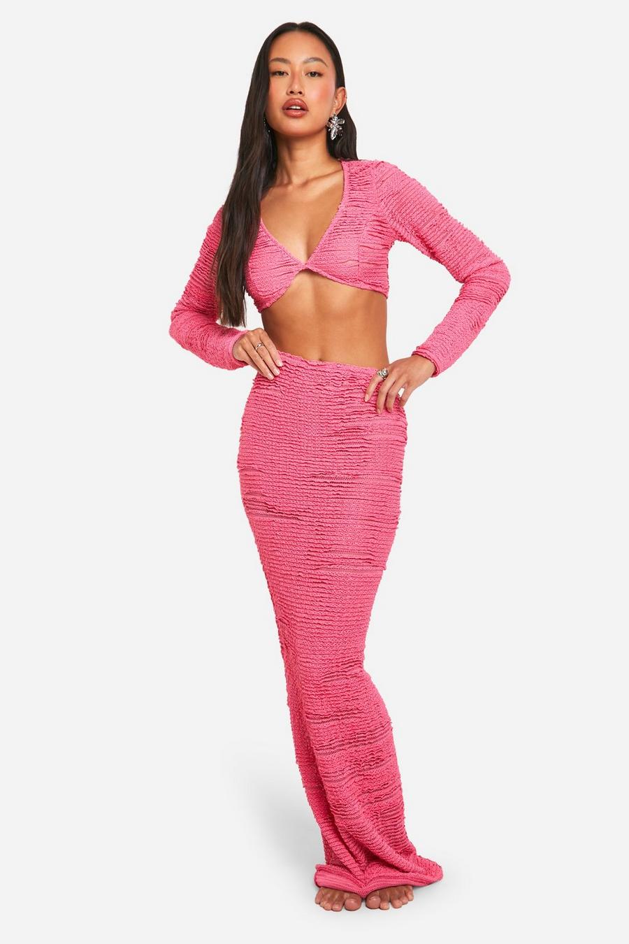 Hot pink Textured Popcorn Knit Top & Skirt Beach Co-ord image number 1