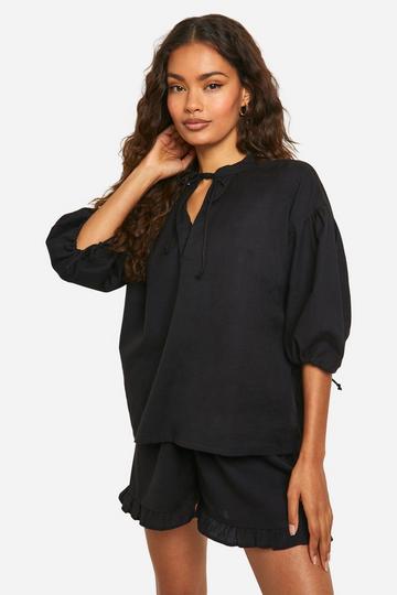 Tie Neck Detail Puff Sleeve Top black