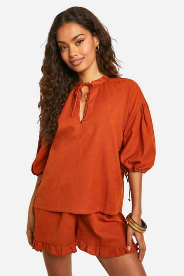 Tie Neck Detail Puff Sleeve Top rust