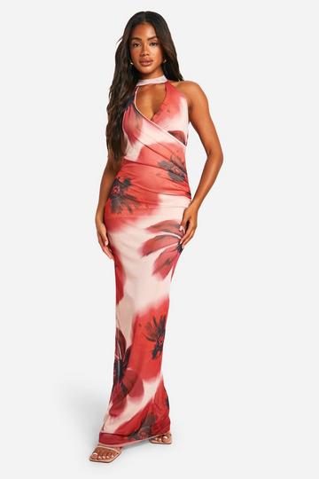 Plunge Floral Mesh Maxi Dress pink