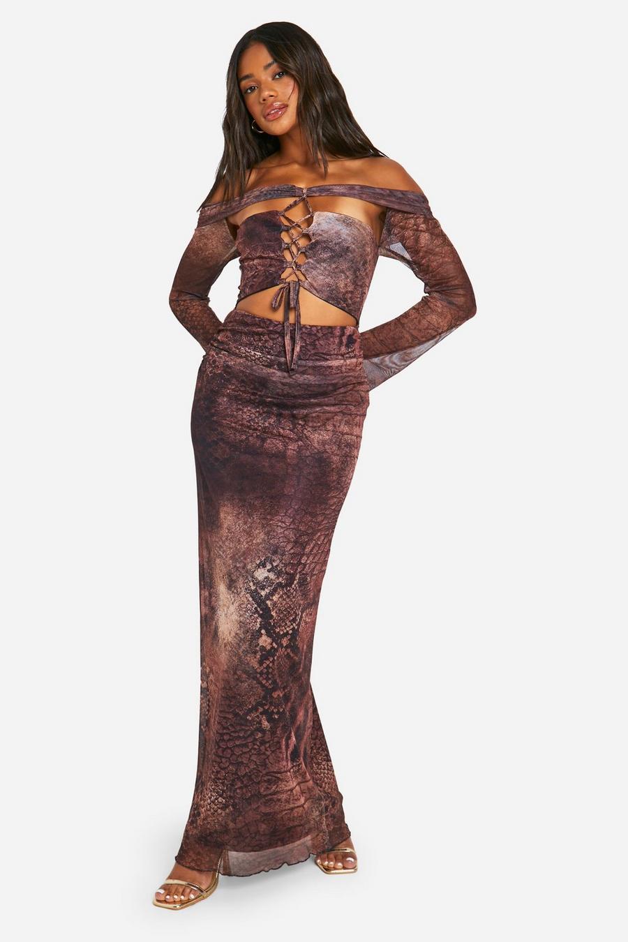 Brown Bardot Tie Detail Cut Out Snake Print Mesh Maxi Dress image number 1