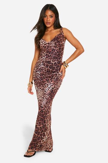 Leopard Cowl Neck Mesh Maxi Dress brown