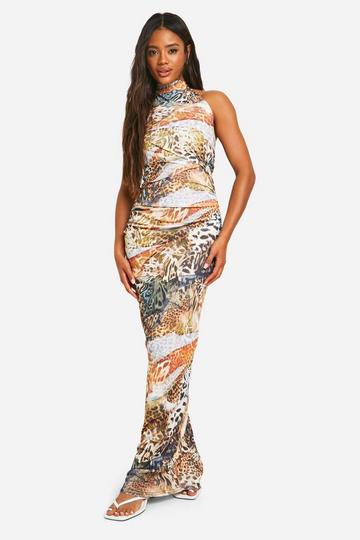 Multi Animal Sheer Halterneck Maxi Dress