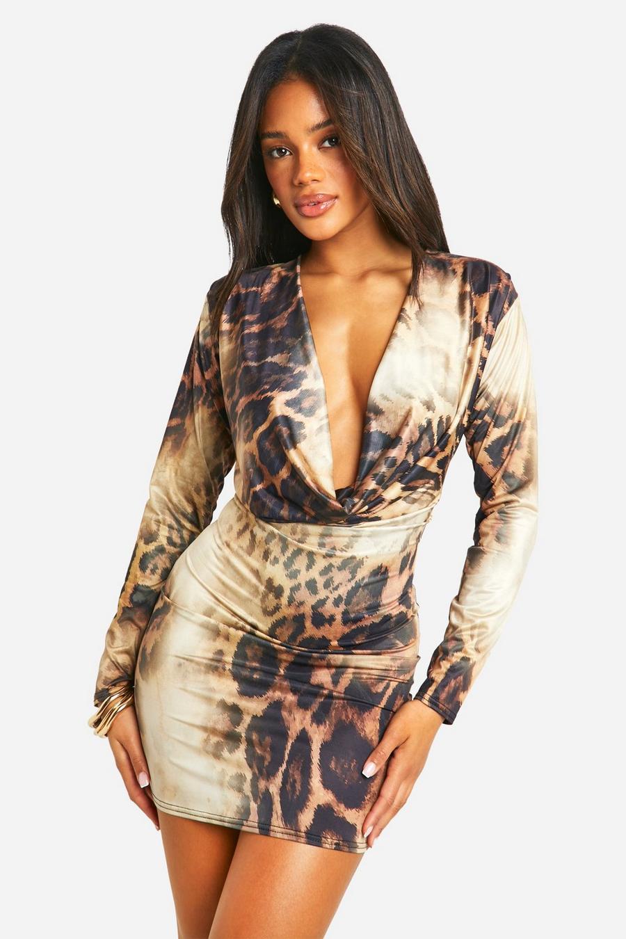 Vestido mini ceñido con escote plisado de leopardo, Brown image number 1