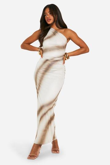 One Shoulder Printed Mesh Maxi Dress nude