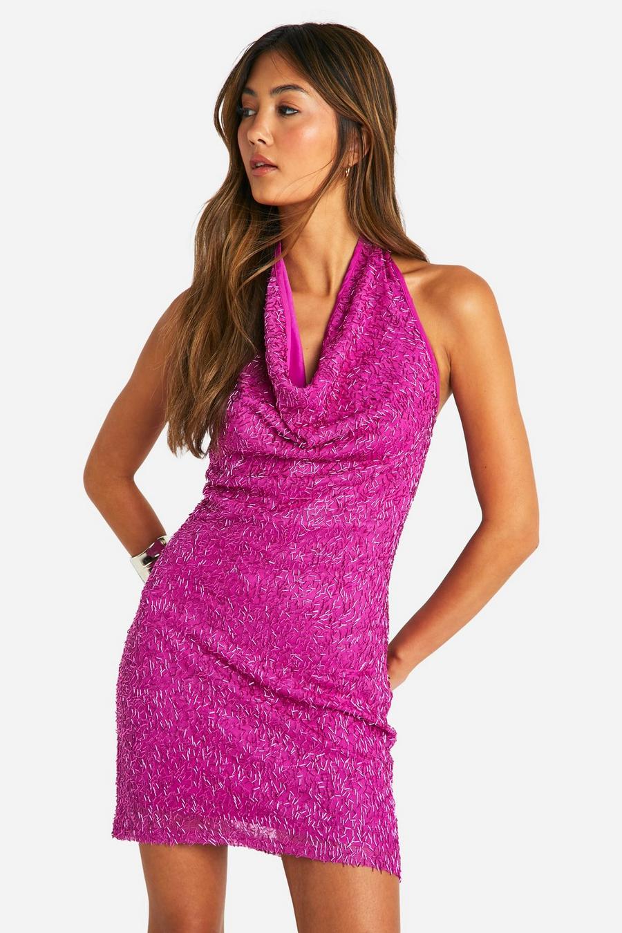 Purple Sequin Halterneck Cowl Mini Dress