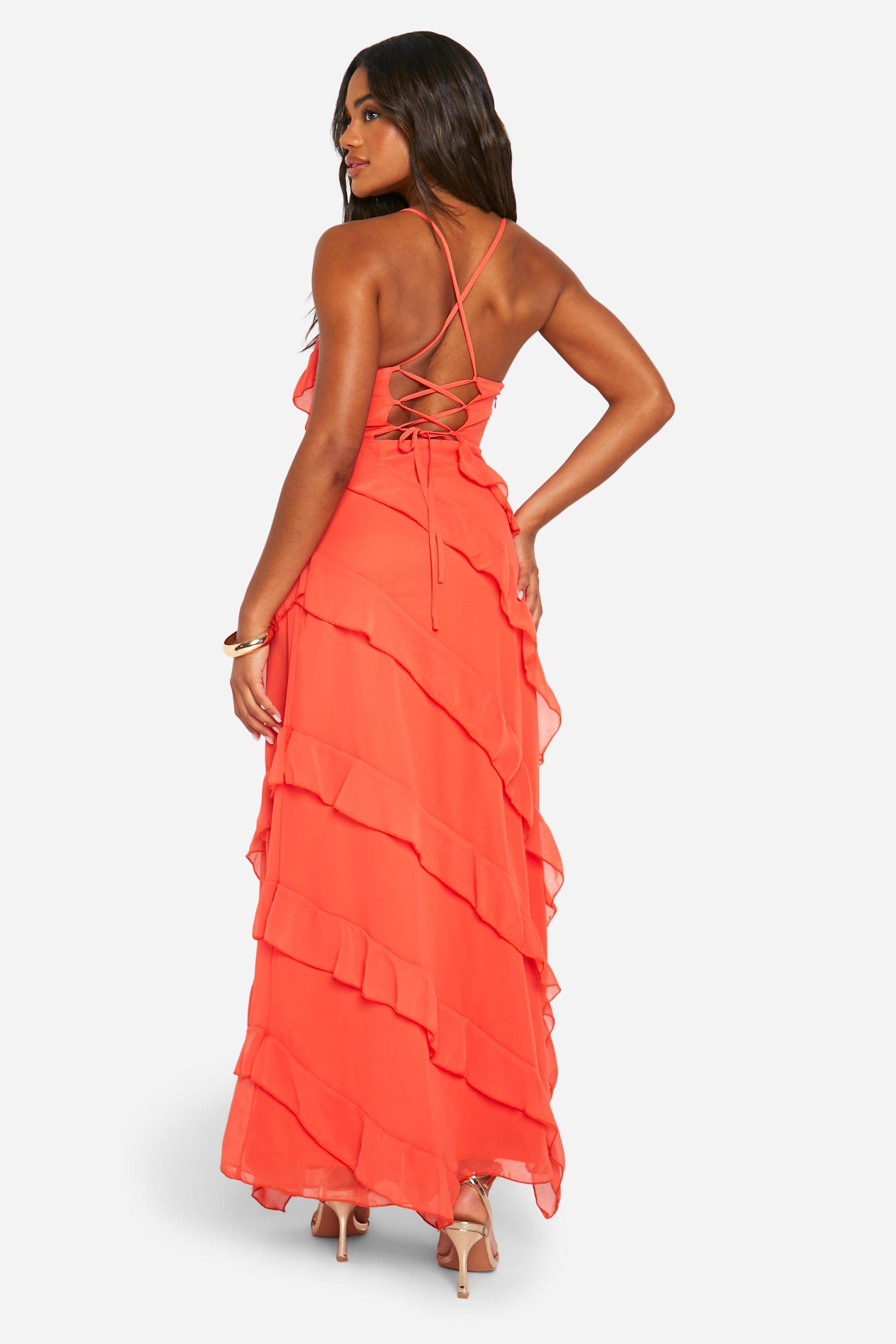 Chiffon Ruffle Strappy Back Maxi Dress boohoo FI