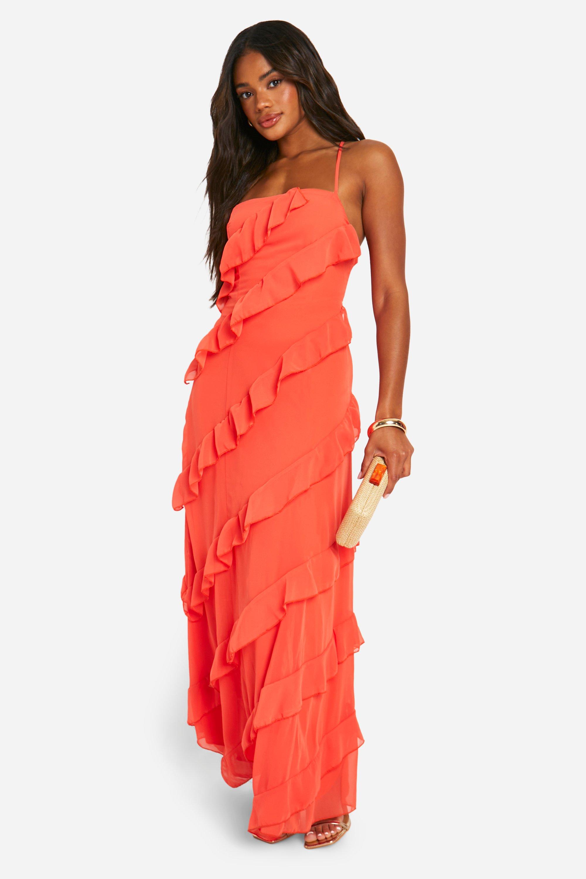 Vestito maxi in chiffon con spalline e arricciature sul retro boohoo IT