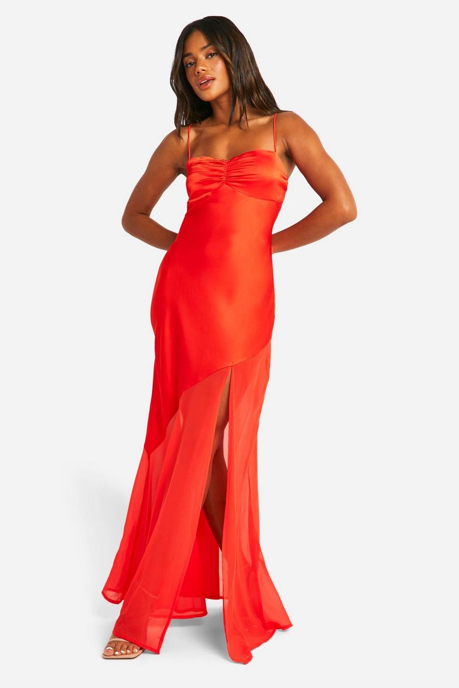 Red orange Satin And Chiffon Mix Maxi Dress image number 1