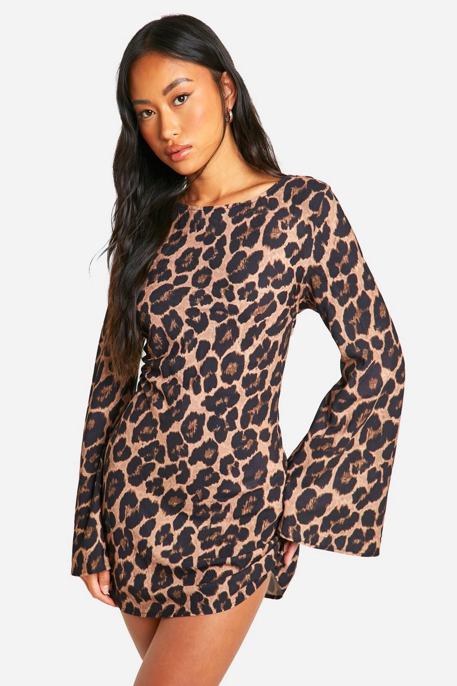 Brown Leopard Low Back Flare Sleeve Dress image number 1
