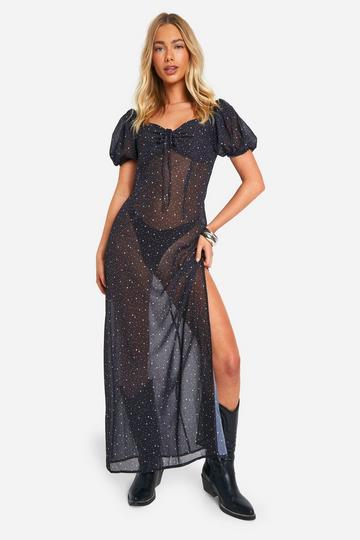 Black Star Sheer Puff Sleeve Chiffon Maxi Dress