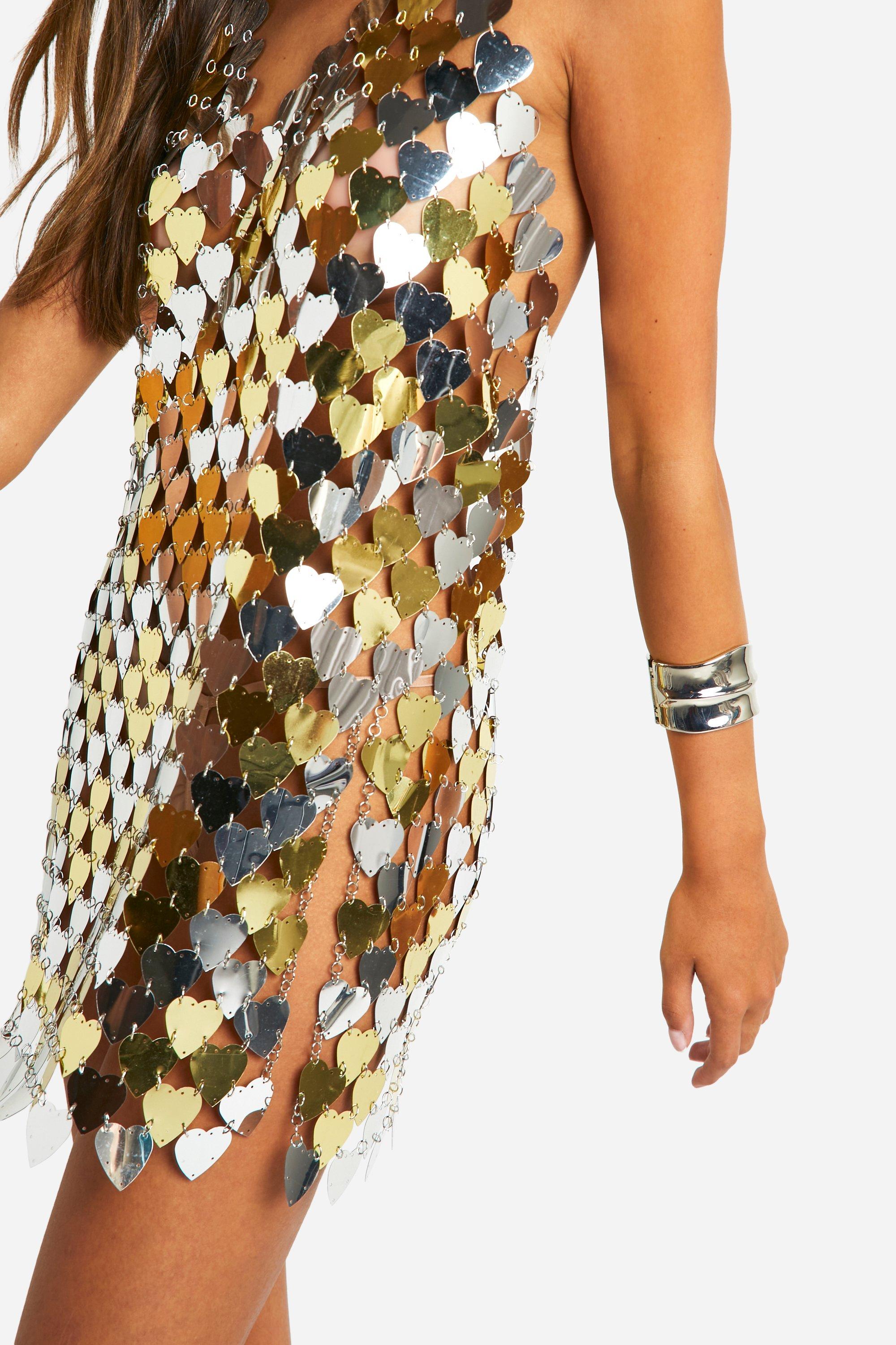 boohoo Women s Heart Disc Sequin Chain Dress Gray Mini Dresses
