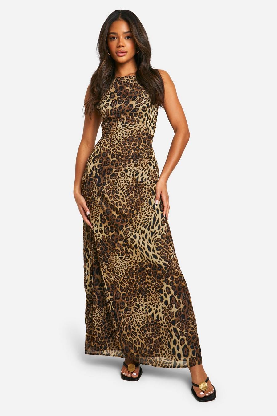 Brown Leopard Low Back Strappy Maxi Dress