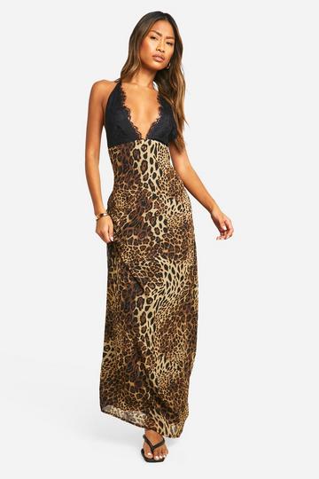 Lace Leopard Strappy Maxi Dress brown