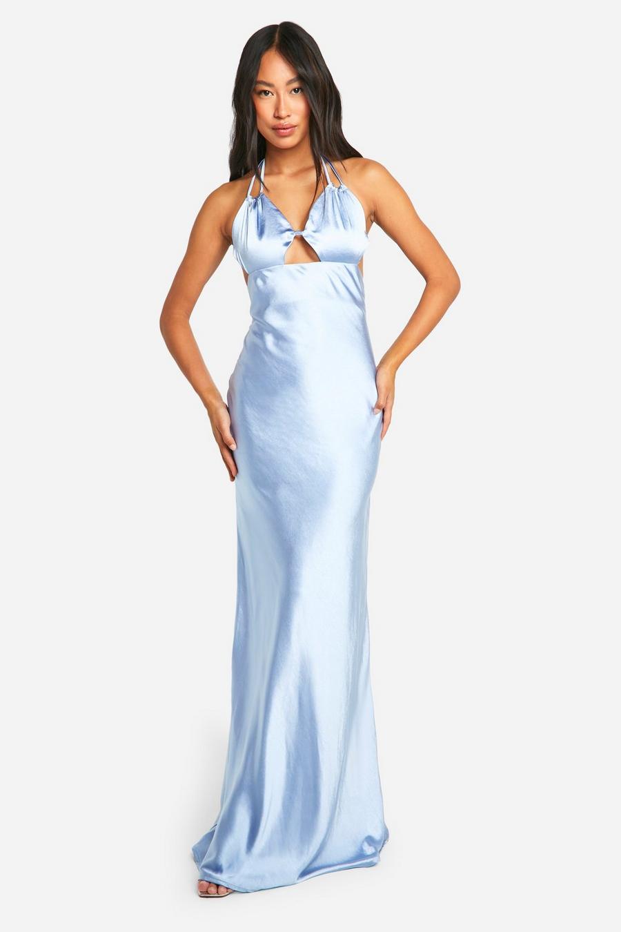 Blue Bridesmaid Satin Cut Out Maxi Dress image number 1
