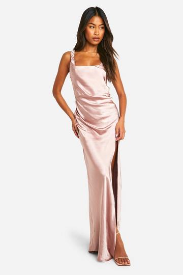 Bridesmaid Satin Square Neck Maxi Dress oyster