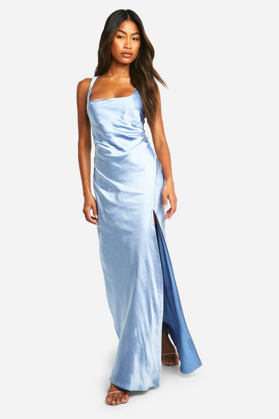 Blue Bridesmaid Satin Square Neck Maxi Dress image number 1
