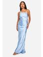 Blue Bridesmaid Satin Asymmetric Maxi Dress