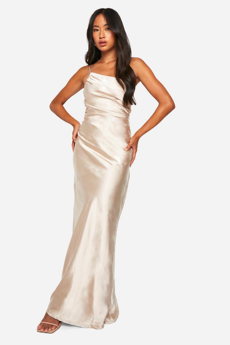 Oyster Bridesmaid Satin Asymmetric Maxi Dress