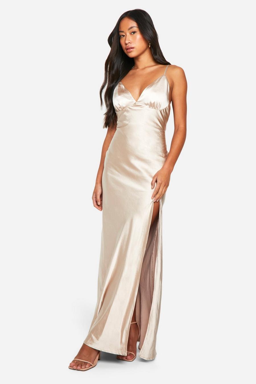 Oyster Bridesmaid Satin Strappy Maxi Dress image number 1