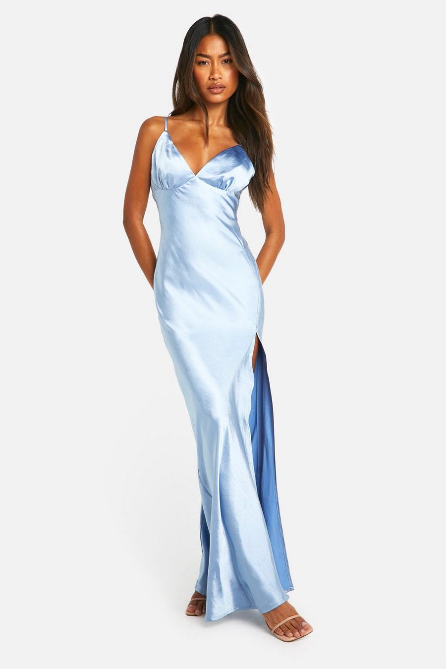 Blue Bridesmaid Satin Strappy Maxi Dress