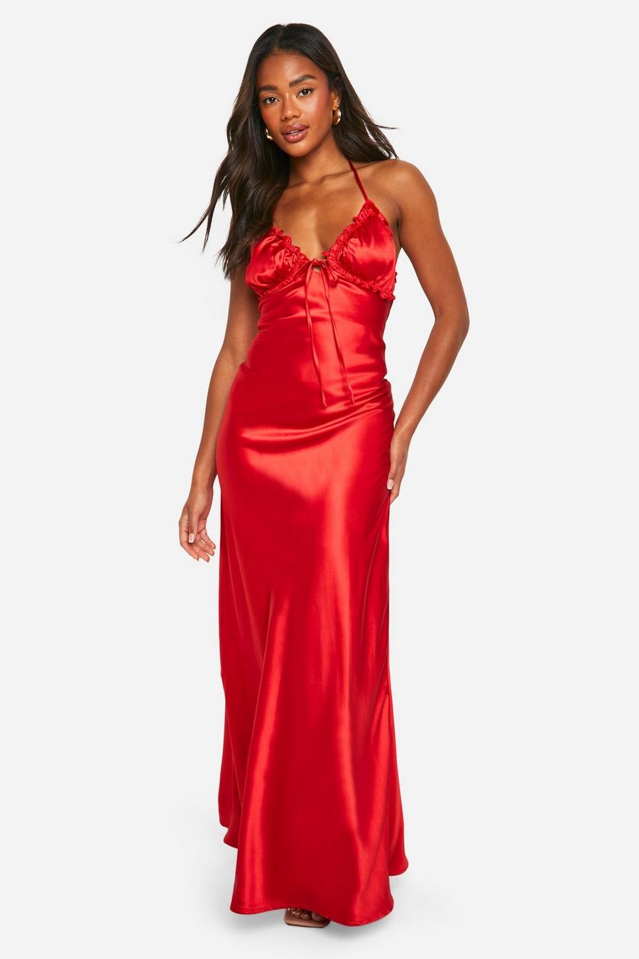 Red Ruffle Satin Maxi Slip Dress image number 1