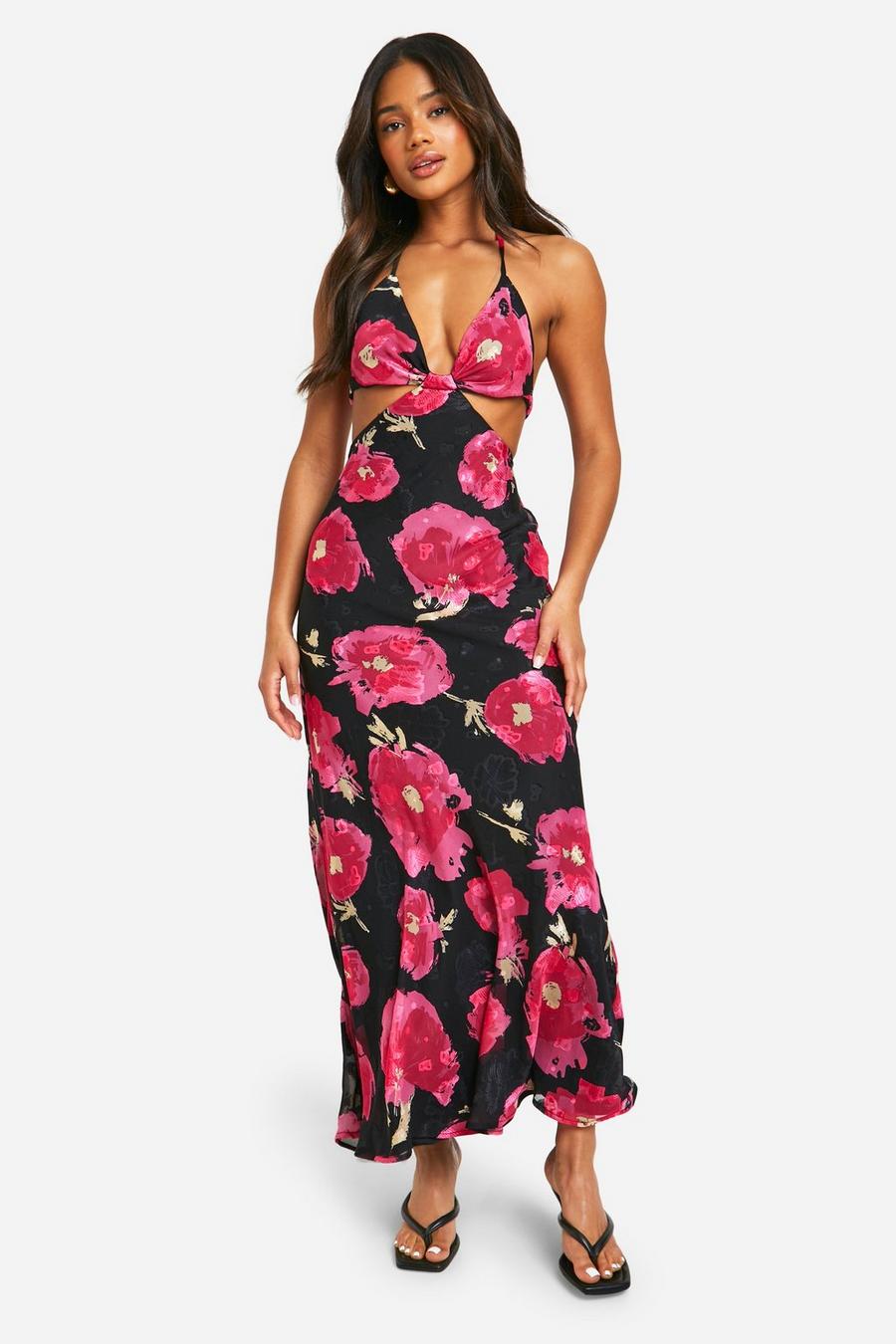 Black Chiffon Jacquard Floral Cut Out Maxi Dress image number 1