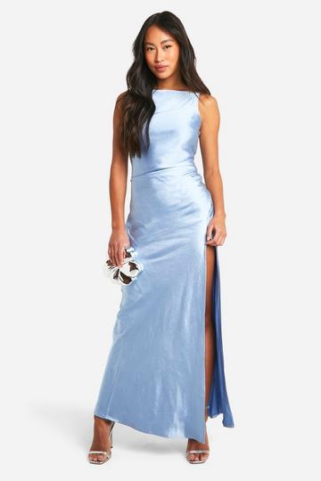 Bridesmaid Satin Slash Neck Maxi Dress blue