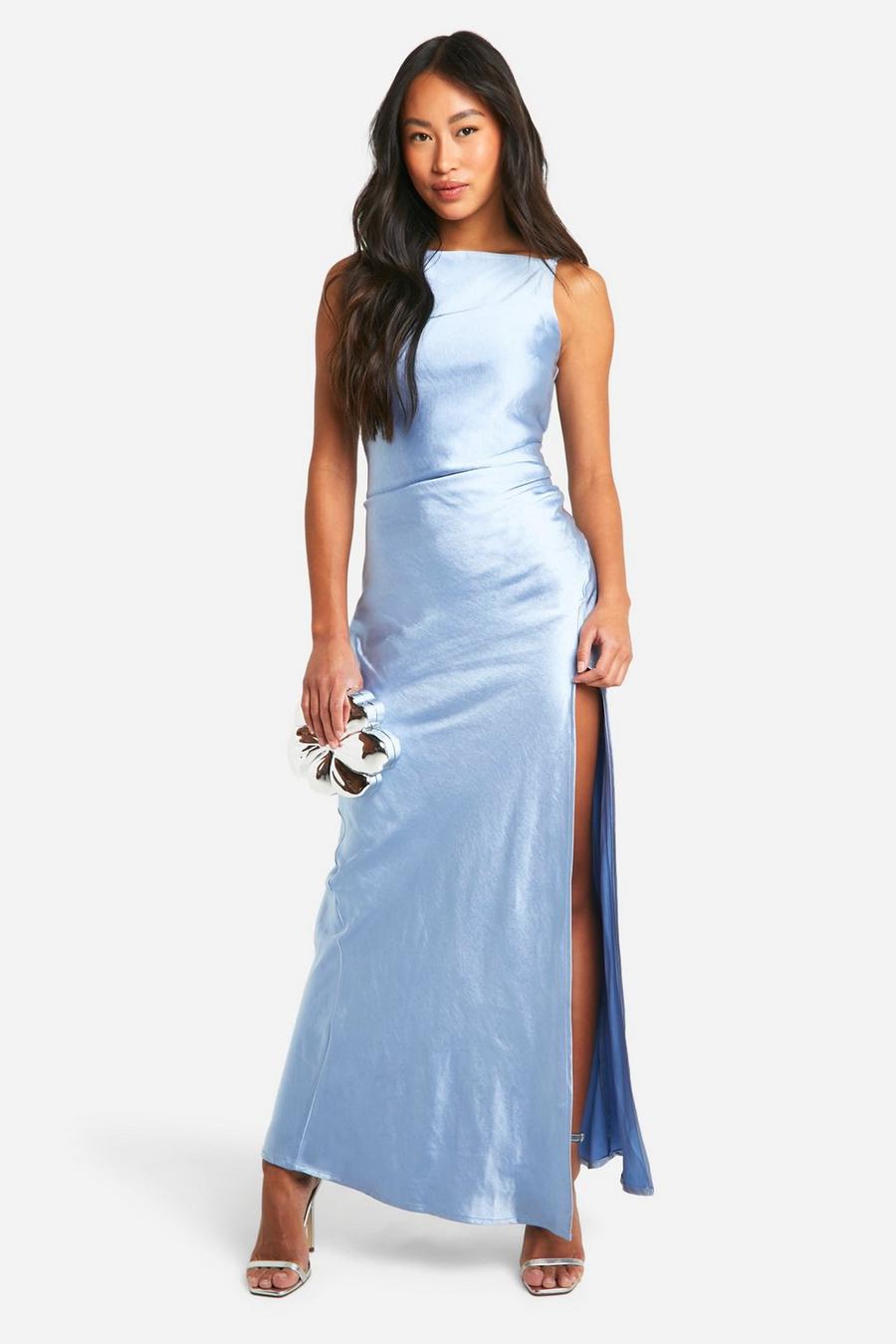 Blue Bridesmaid Satin Slash Neck Maxi Dress image number 1