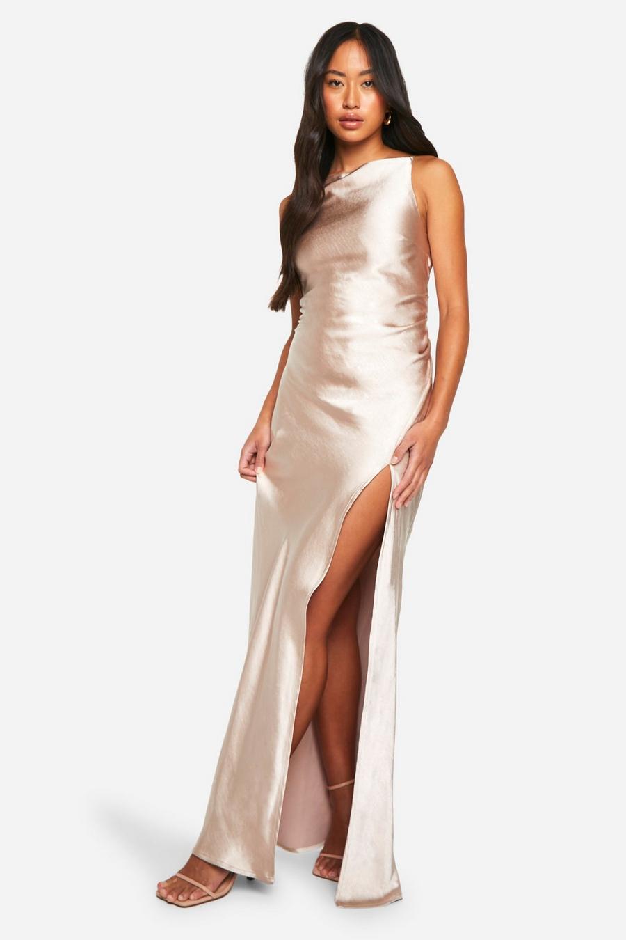Oyster Bridesmaid Satin Slash Neck Maxi Dress image number 1