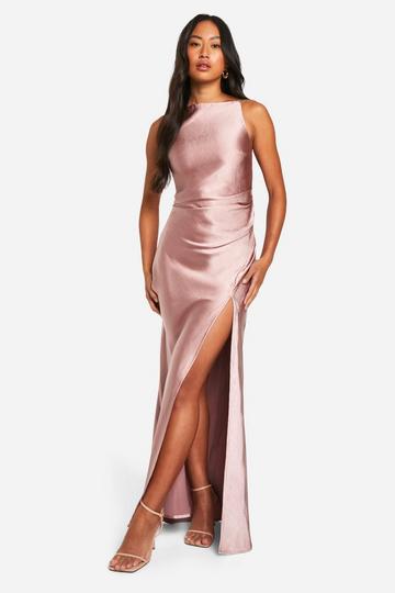 Bridesmaid Satin Slash Neck Maxi Dress mink