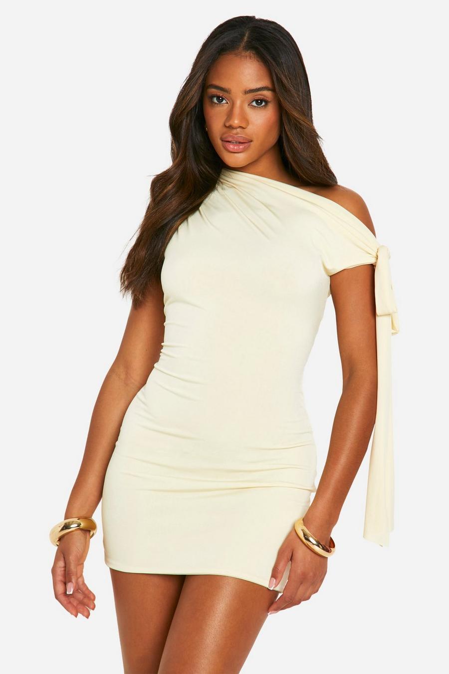 Cream Ruched Slinky Off The Shoulder Mini Dress